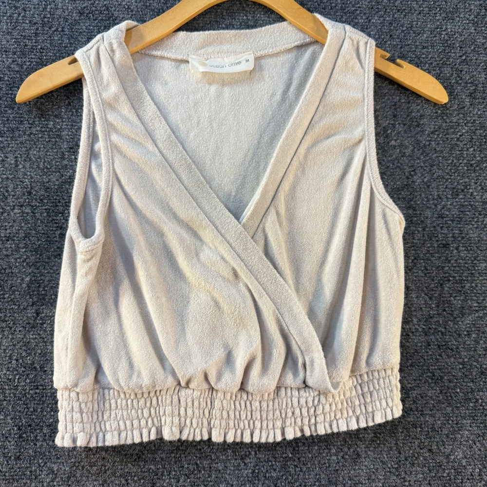 Ocean Drive Womens M Beige Surplice Wrap Crop Top Smocked Hem Sleeveless